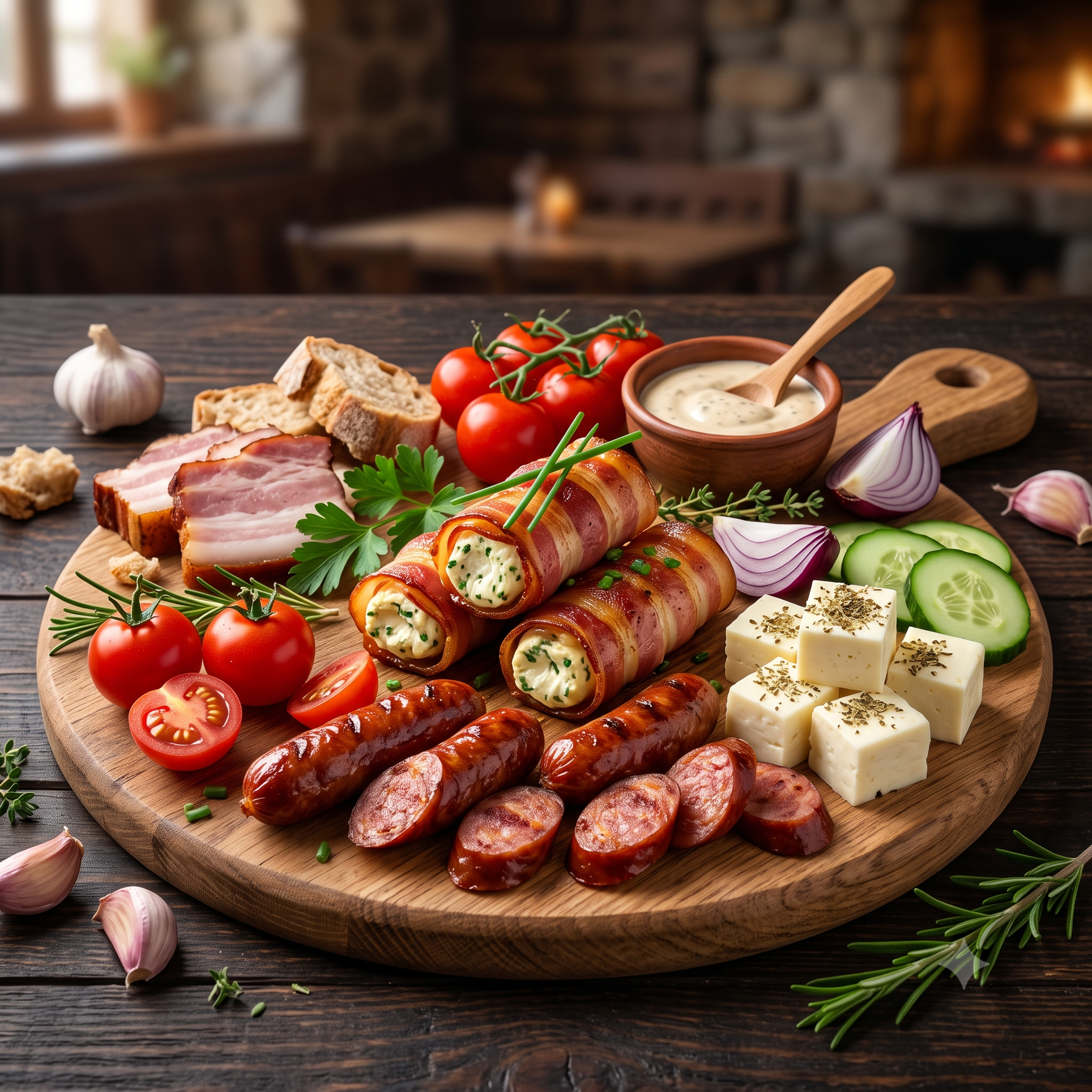Gustarea Kulinarium (rulouri din bacon cu cremă de brânză, cârnăciori vânătorești, brânză de oi)